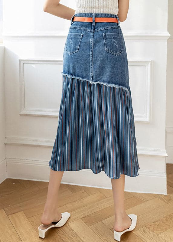 Modern Blue High Waist Sashes Asymmetrical Patchwork Cotton Denim Skirts Summer nz-SKTS220519