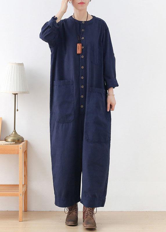 Modern Blue Loose Pockets Fall Button Denim Romper Sets dylinoshop