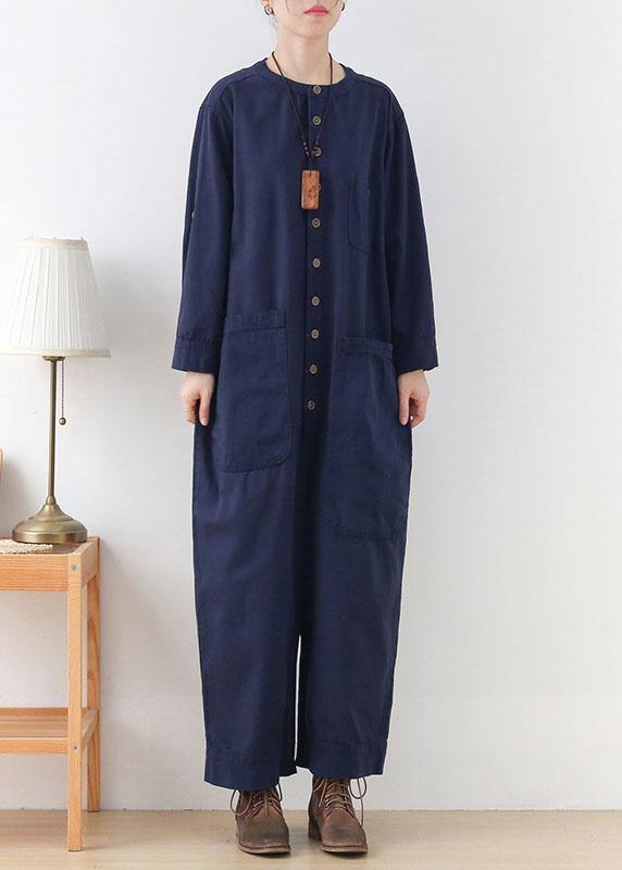 Modern Blue Loose Pockets Fall Button Denim Romper Sets dylinoshop