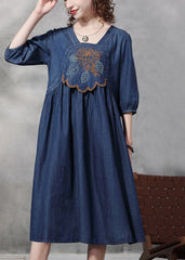 Modern Blue Square Collar Embroideried Cotton Denim Dresses Half Sleeve NZ-SDL220606