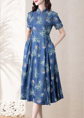 Modern Blue Stand Collar Cinched Print Denim Dress Short Sleeve NZ-FDL220304