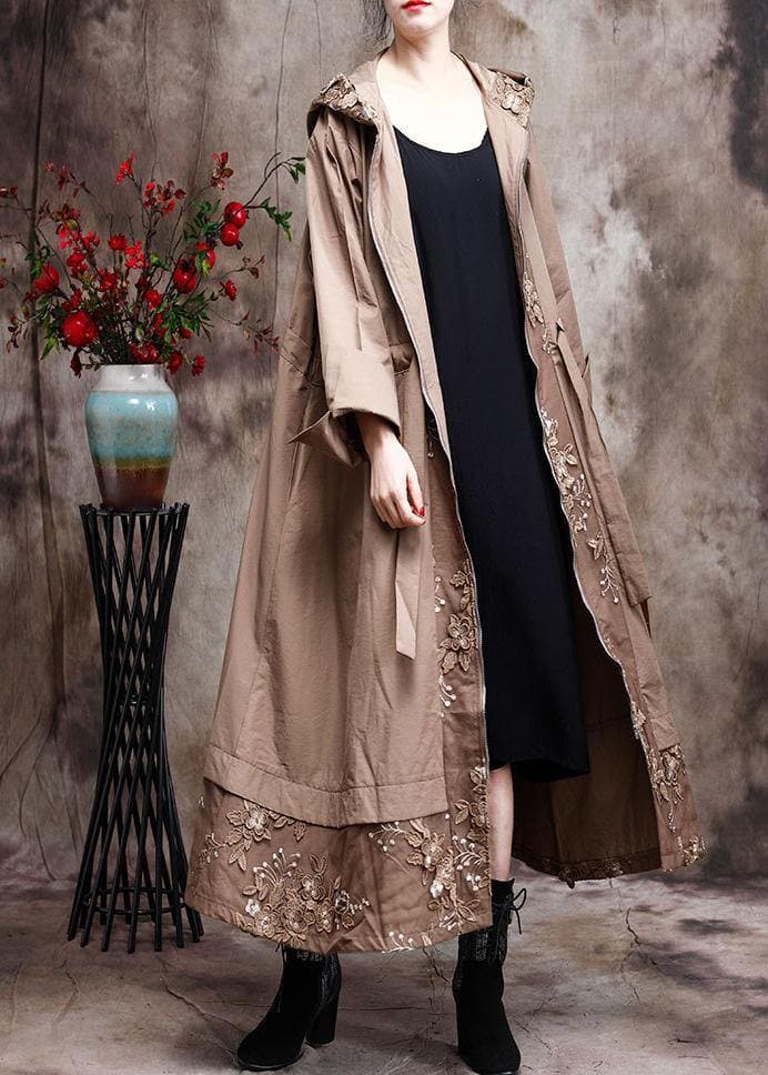 Modern Hooded Plus Size Coat For Woman Khaki Embroidery Trench Coat ZS-TCT210209