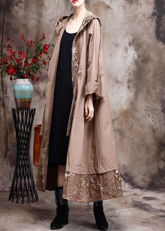 Modern Hooded Plus Size Coat For Woman Khaki Embroidery Trench Coat ZS-TCT210209