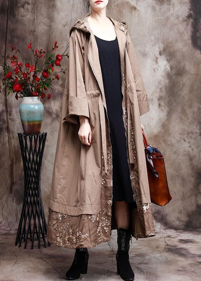 Modern Hooded Plus Size Coat For Woman Khaki Embroidery Trench Coat ZS-TCT210209