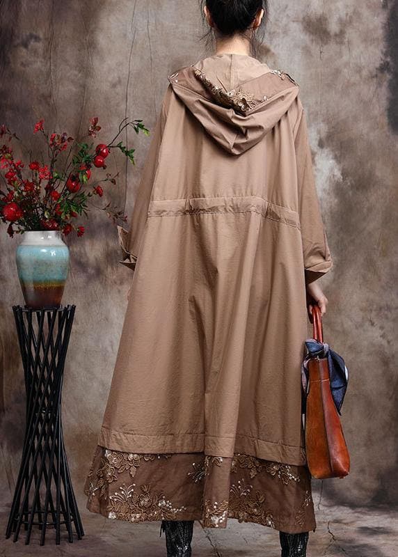 Modern Hooded Plus Size Coat For Woman Khaki Embroidery Trench Coat ZS-TCT210209