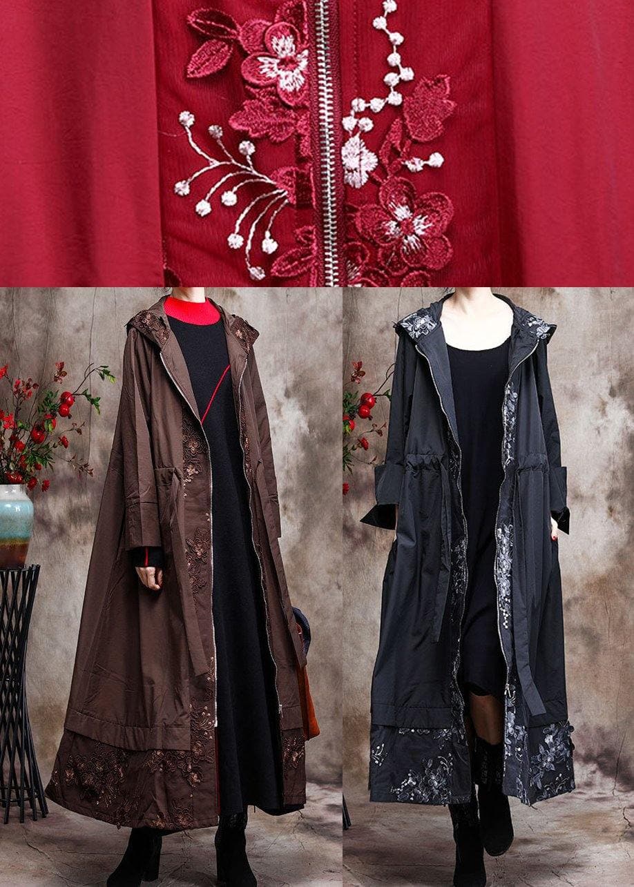 Modern Hooded Plus Size Coat For Woman Khaki Embroidery Trench Coat ZS-TCT210209