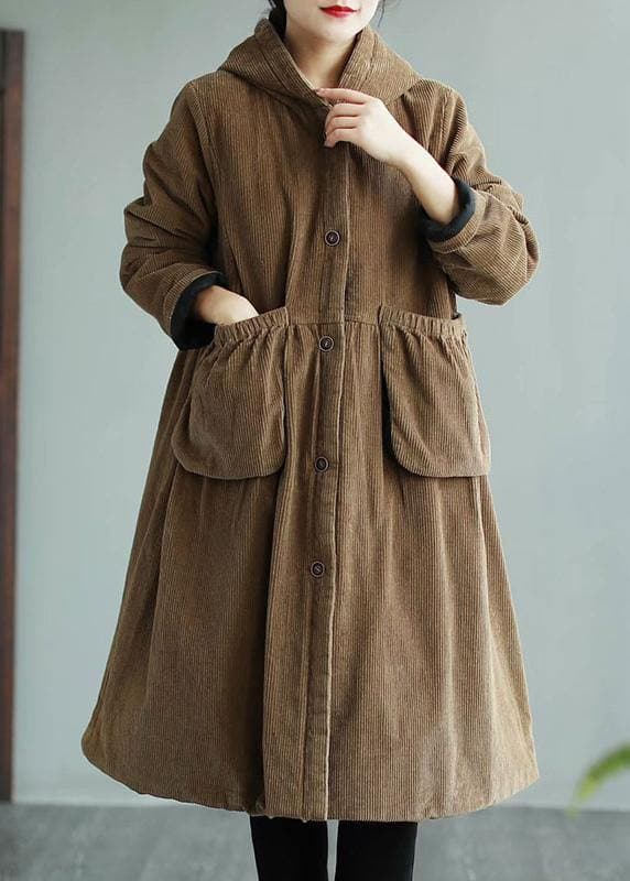 Modern Hooded Pockets Fashion Maxi Coat Khaki Daily Outwear TCT210101