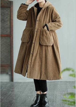 Modern Hooded Pockets Fashion Maxi Coat Khaki Daily Outwear TCT210101