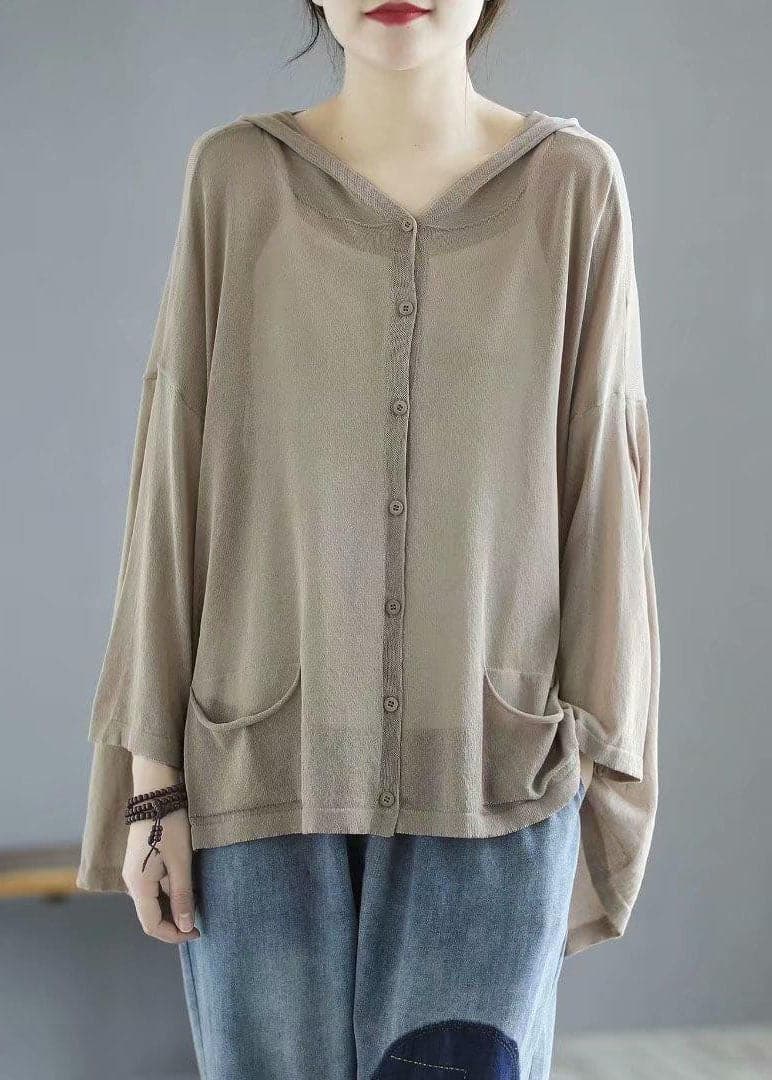 Modern Khaki Hooded Low High Design Pockets Linen Knit UPF 50+ Coat Summer GK-CTS220804