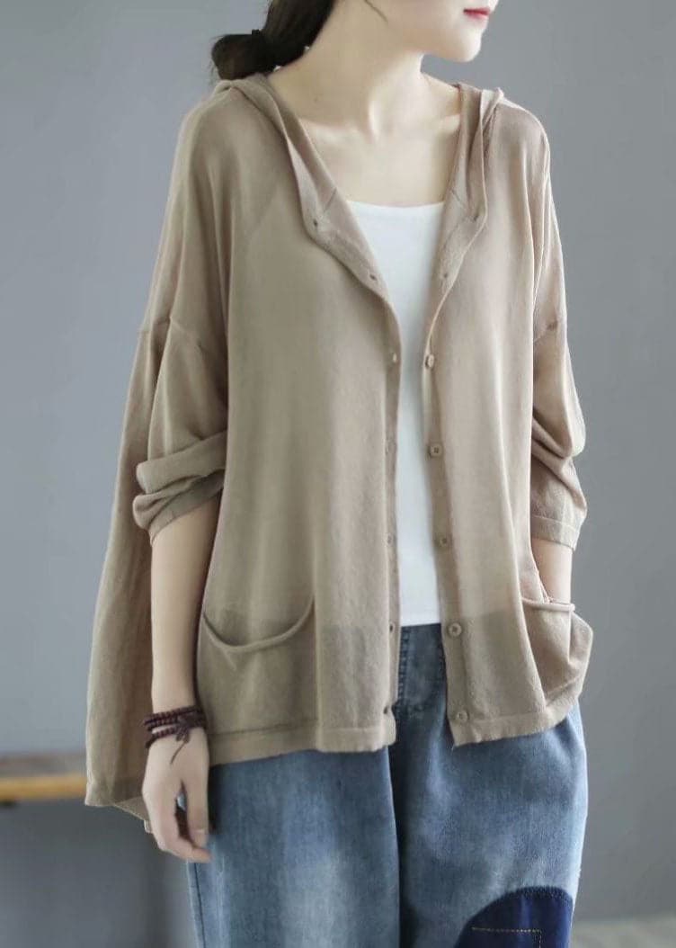 Modern Khaki Hooded Low High Design Pockets Linen Knit UPF 50+ Coat Summer GK-CTS220804