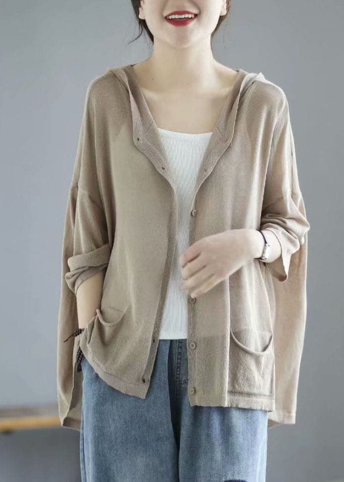 Modern Khaki Hooded Low High Design Pockets Linen Knit UPF 50+ Coat Summer GK-CTS220804