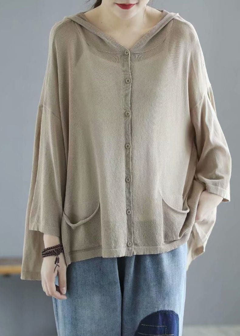 Modern Khaki Hooded Low High Design Pockets Linen Knit UPF 50+ Coat Summer GK-CTS220804