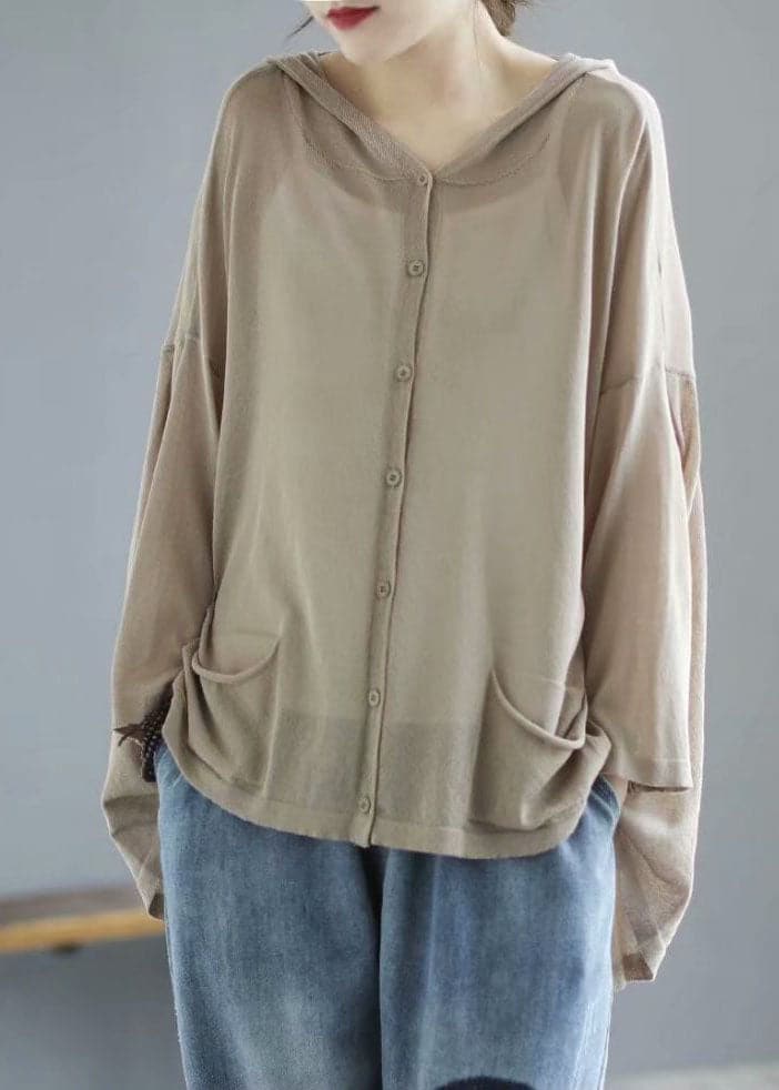 Modern Khaki Hooded Low High Design Pockets Linen Knit UPF 50+ Coat Summer GK-CTS220804