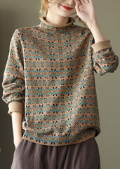 Modern Khaki Turtle Neck Print Knitted Tops Long Sleeve GK-NTP220221