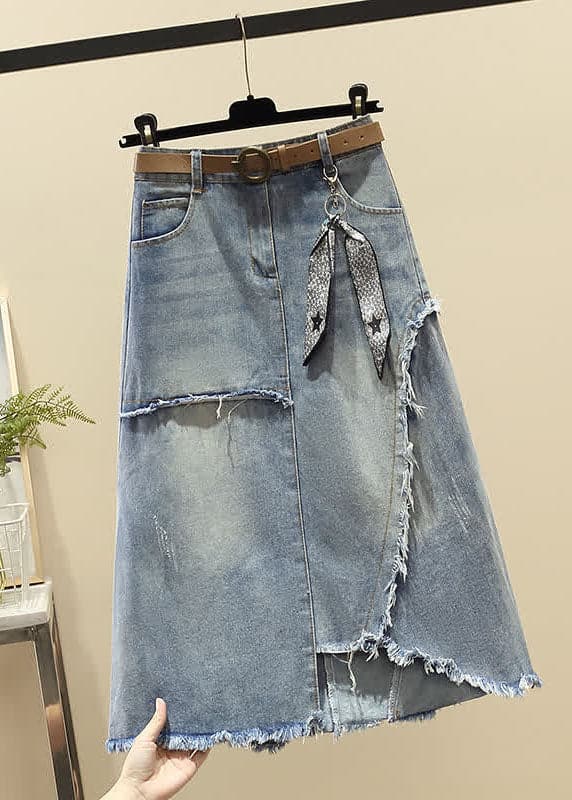 Modern Light Blue High Waist Asymmetrical Sashes Pendant Pockets Cotton Denim Skirt Summer nz-SKTS220519