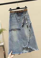 Modern Light Blue High Waist Asymmetrical Sashes Pendant Pockets Cotton Denim Skirt Summer nz-SKTS220519