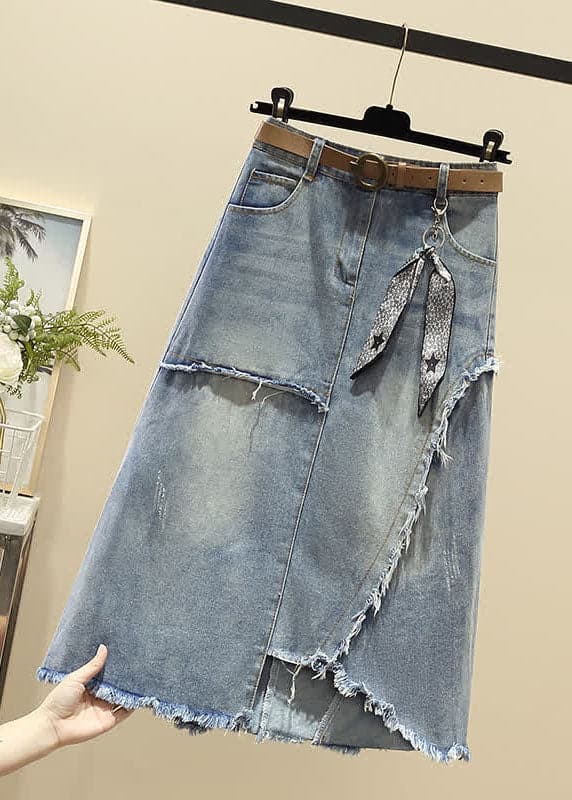 Modern Light Blue High Waist Asymmetrical Sashes Pendant Pockets Cotton Denim Skirt Summer nz-SKTS220519