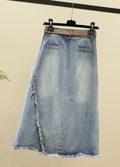 Modern Light Blue High Waist Asymmetrical Sashes Pendant Pockets Cotton Denim Skirt Summer nz-SKTS220519