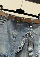 Modern Light Blue High Waist Asymmetrical Sashes Pendant Pockets Cotton Denim Skirt Summer nz-SKTS220519