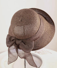 Modern Purple Bow Straw Woven Holiday Floppy Sun Hat dylinoshop