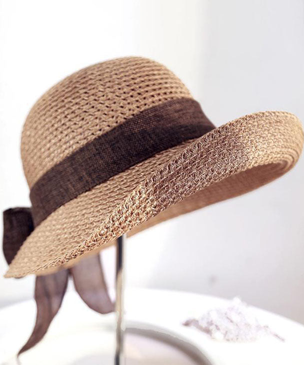 Modern Purple Bow Straw Woven Holiday Floppy Sun Hat dylinoshop