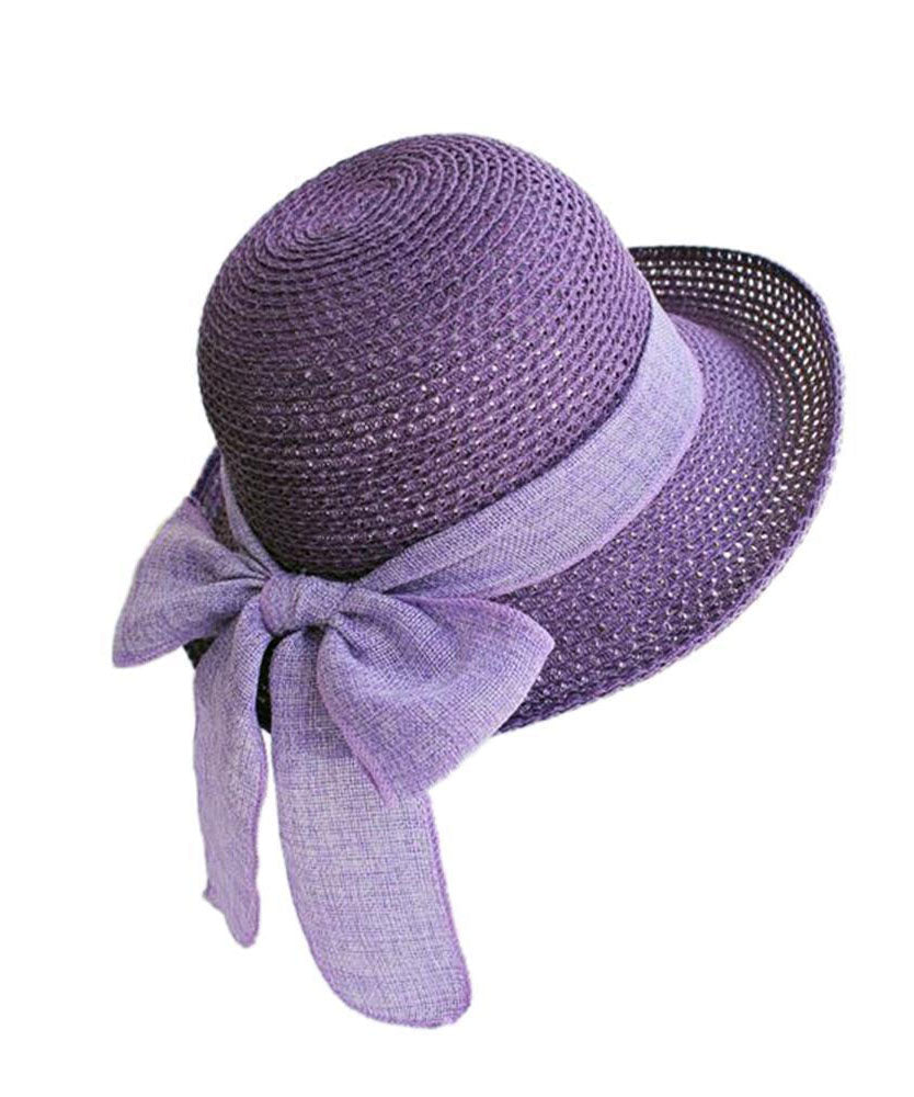 Modern Purple Bow Straw Woven Holiday Floppy Sun Hat dylinoshop