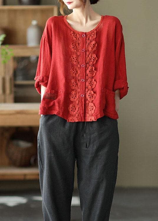 Modern Red Hollow Out Embroideried Pockets Fall Long Sleeve Shirt Tops GK-LTP210810