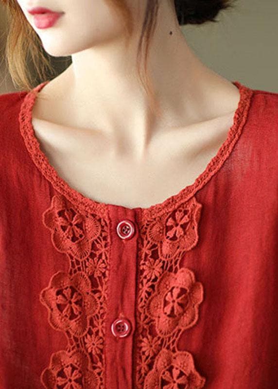 Modern Red Hollow Out Embroideried Pockets Fall Long Sleeve Shirt Tops GK-LTP210810