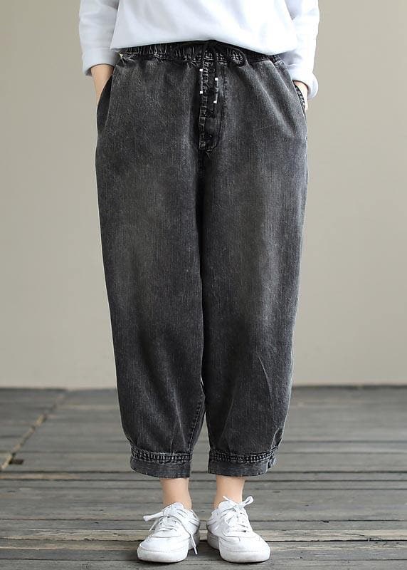 Modern Spring Wide Leg Pants Trendy Plus Size Denim Gray Sewing Elastic Waist Pockets Jeans LPTS210201