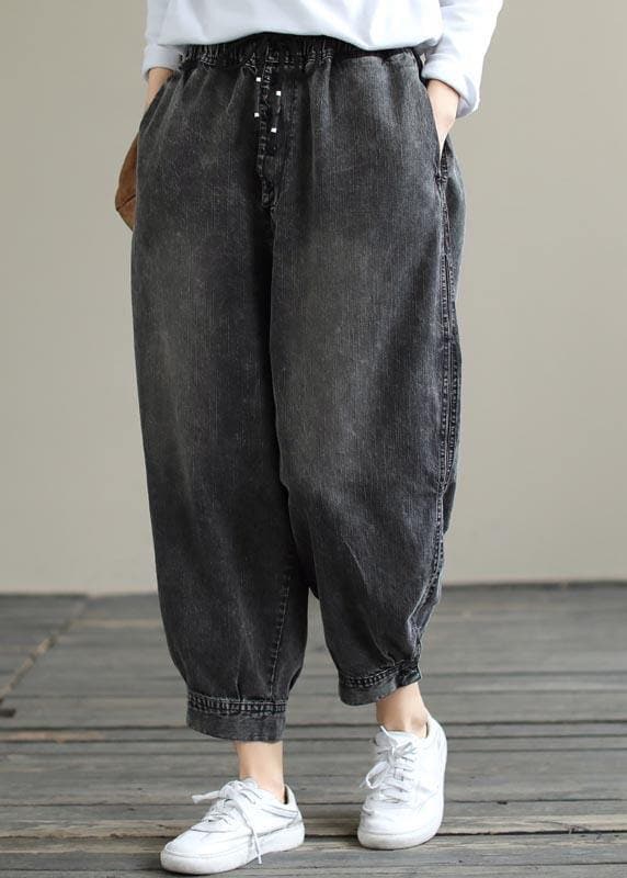 Modern Spring Wide Leg Pants Trendy Plus Size Denim Gray Sewing Elastic Waist Pockets Jeans LPTS210201