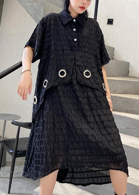 Modern black Cotton Tunic lapel low high design Midi summer Dress AT-SDM200617