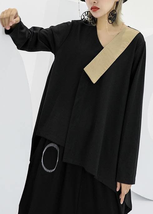 Modern black asymmetric cotton linen tops women v neck silhouette fall blouses AT-LTP190903