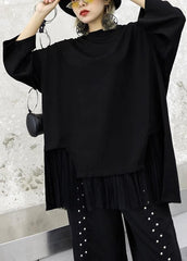 Modern black cotton tunic top asymmetric patchwork hem Knee autumn top AT-LTP190903