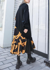 Modern black patchwork cotton Long Shirts ruffles hem cotton robes winter Dresses AT-FDL191023