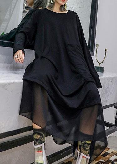 Modern black patchwork cotton tunic top Cinched cotton robes fall Dresses AT-FDL190923