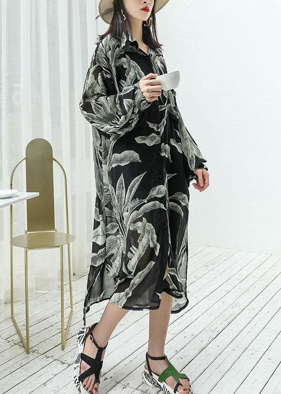 Modern black prints chiffon shirts side open Art sunscreen shirt dresses AT-SDL190717