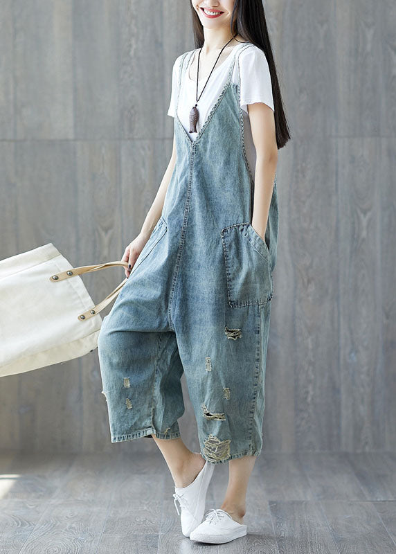 Modern light Blue pockets ripped Jeans loose Jumpsuit Spring dylinoshop