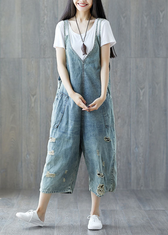 Modern light Blue pockets ripped Jeans loose Jumpsuit Spring dylinoshop