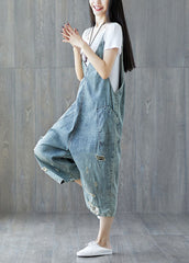 Modern light Blue pockets ripped Jeans loose Jumpsuit Spring dylinoshop