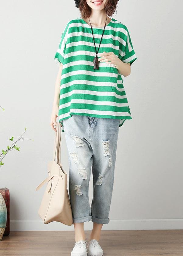 Modern o neck Batwing Sleeve cotton linen tops women blouses Christmas Gifts green striped blouses STP200409