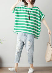 Modern o neck Batwing Sleeve cotton linen tops women blouses Christmas Gifts green striped blouses STP200409