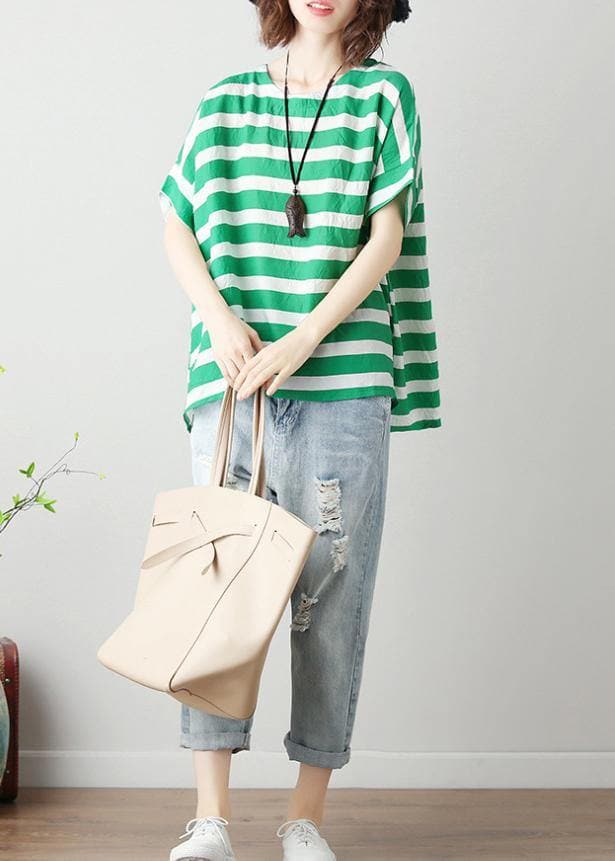 Modern o neck Batwing Sleeve cotton linen tops women blouses Christmas Gifts green striped blouses STP200409