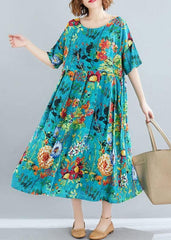 Modern o neck exra large hem linen cotton summer Robes Runway blue print Dresses SDL200425