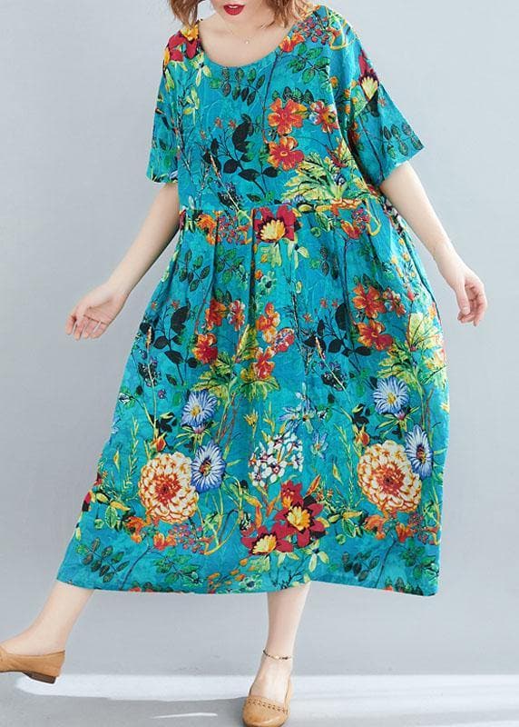 Modern o neck exra large hem linen cotton summer Robes Runway blue print Dresses SDL200425