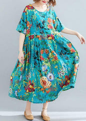 Modern o neck exra large hem linen cotton summer Robes Runway blue print Dresses SDL200425