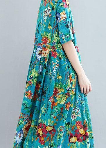 Modern o neck exra large hem linen cotton summer Robes Runway blue print Dresses SDL200425