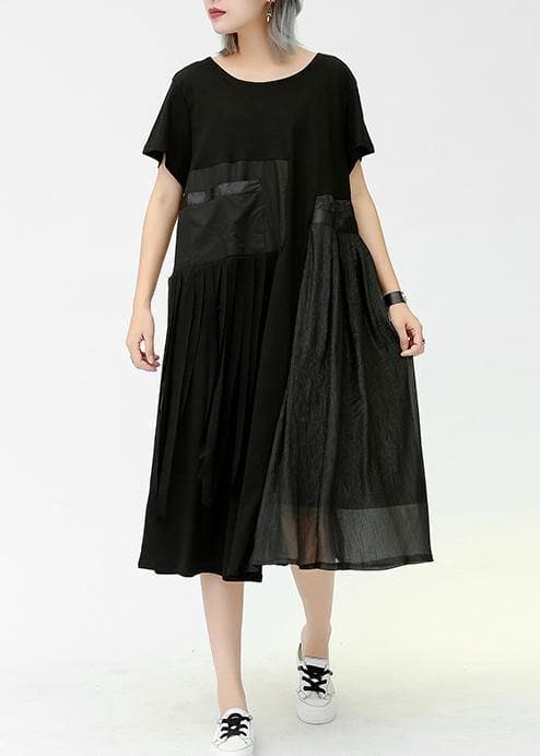 Modern o neck patchwork pockets cotton dresses black Dresses summer AT-SDL190614