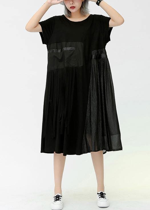 Modern o neck patchwork pockets cotton dresses black Dresses summer AT-SDL190614