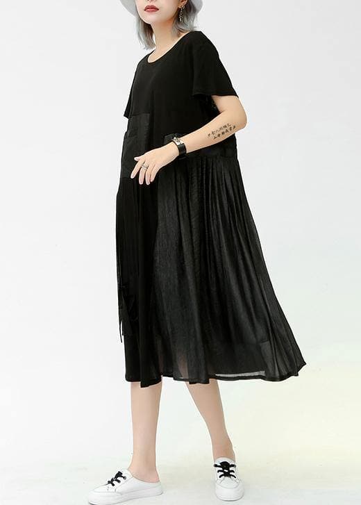 Modern o neck patchwork pockets cotton dresses black Dresses summer AT-SDL190614