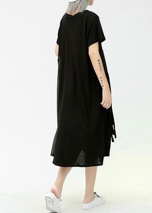 Modern o neck patchwork pockets cotton dresses black Dresses summer AT-SDL190614